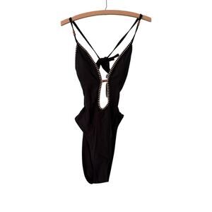 New Women’s Medium Shade & Shore Plunge Bead Detail High Leg 1 Piece Swimsuit